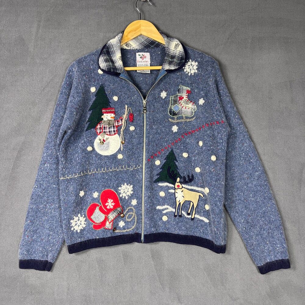 Nutcracker Christmas Full Zip Cardigan Sweater Blue Snowman Reindeer Mittens Med
